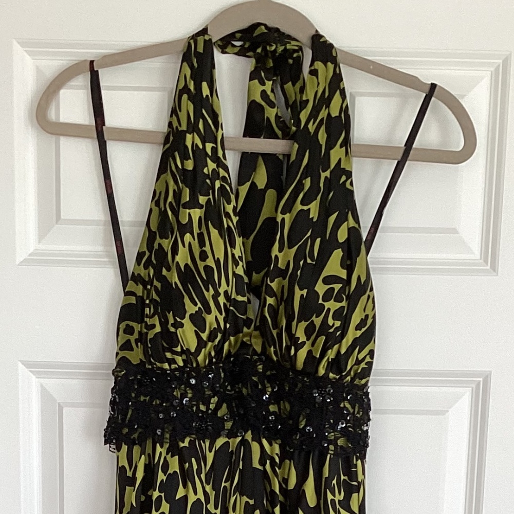 Silk Halter Backless Beaded Party Dress by Dusk Collection Sheila Yen Chartreuse